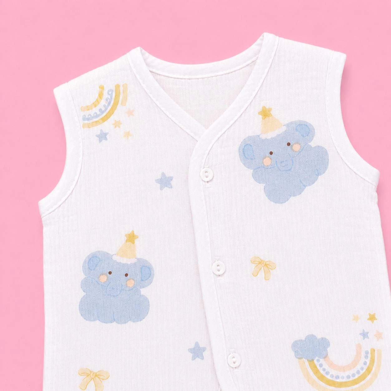 Crinkled Muslin Button Jabala | Elephant | Soft Muslin Summer Wear For Babies | 0-3 Months  | Pack Of 1