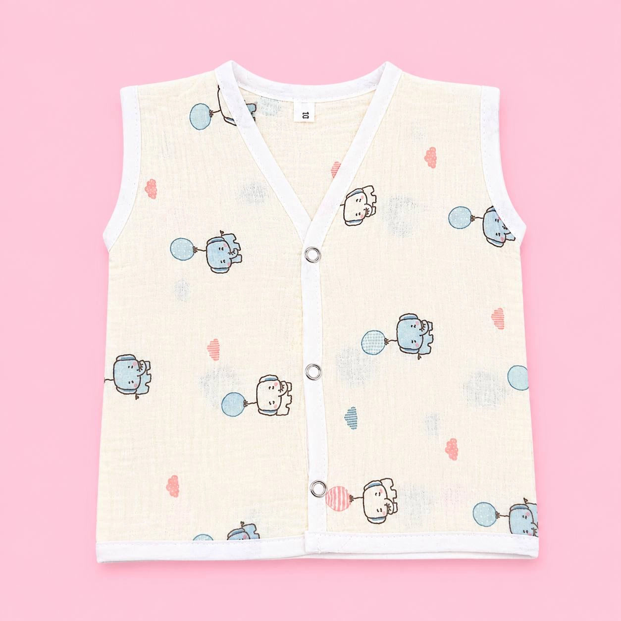 Crinkled Muslin Button Jabala | Cream Elephant | Soft Muslin Summer Wear For Babies | 0-3 Months  | Pack Of 1