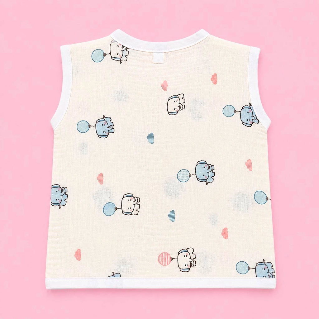 Crinkled Muslin Button Jabala | Cream Elephant | Soft Muslin Summer Wear For Babies | 0-3 Months  | Pack Of 1