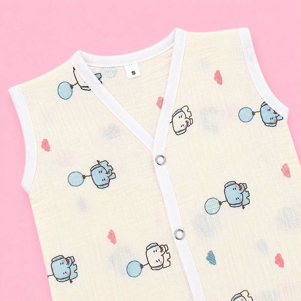 Crinkled Muslin Button Jabala | Cream Elephant | Soft Muslin Summer Wear For Babies | 0-3 Months  | Pack Of 1