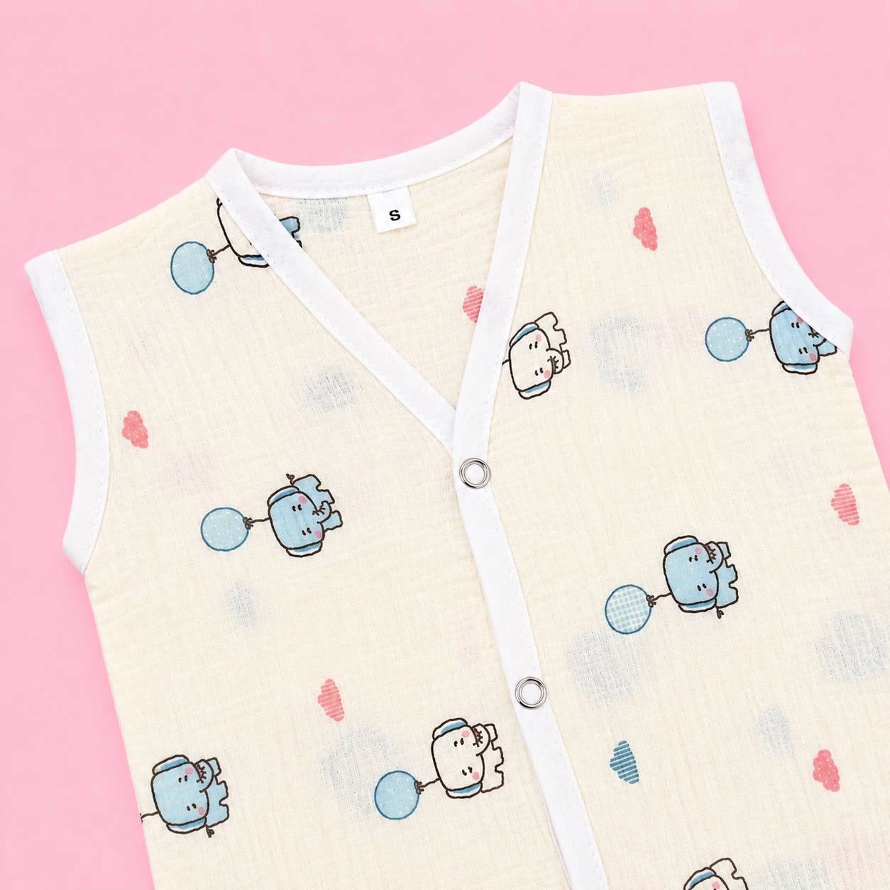 Crinkled Muslin Button Jabala | Cream Elephant | Soft Muslin Summer Wear For Babies | 0-3 Months  | Pack Of 1