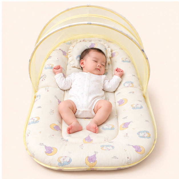 Printed Newborn Baby Net Bed with Pillow|Elephant|