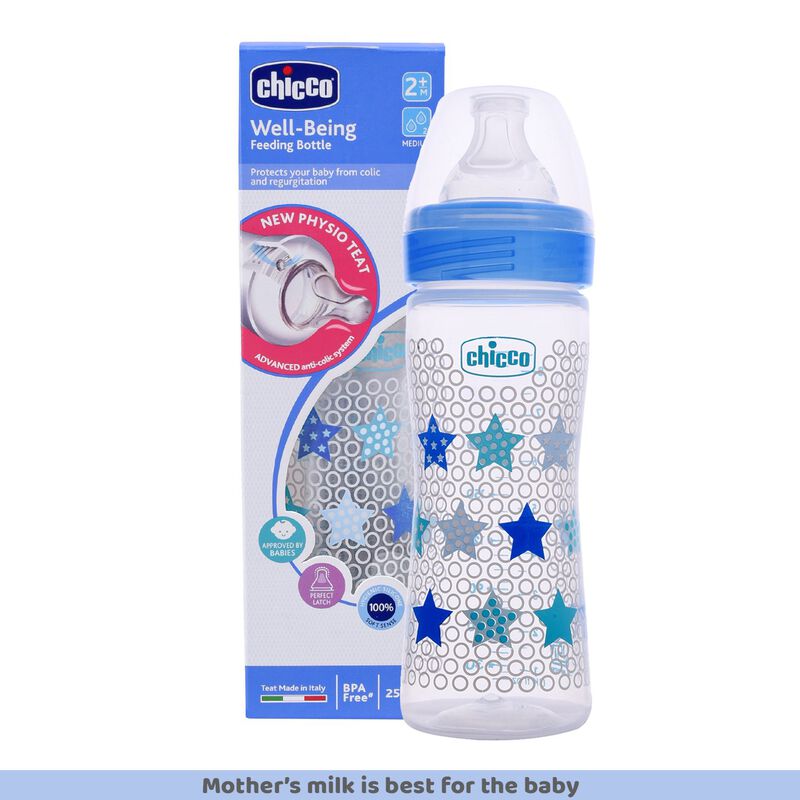 Chicco Well-Being Feeding Bottle 250ml, Medium Blue