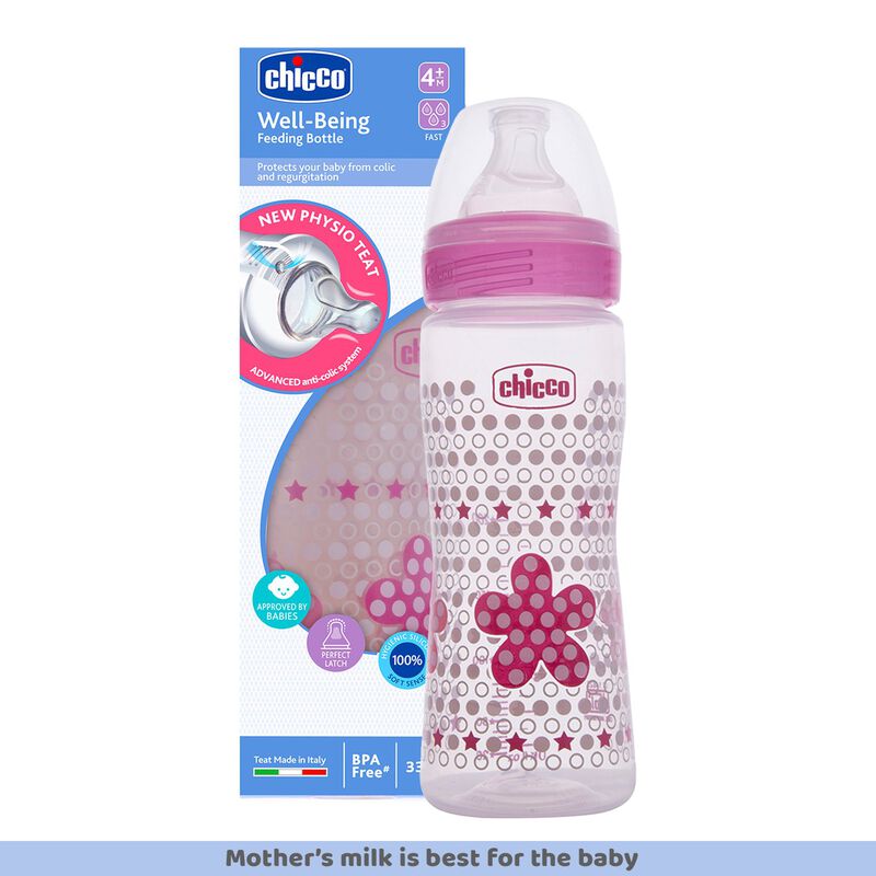 Chicco Well-Being Feeding Bottle 330ml Pink - Fast Flow