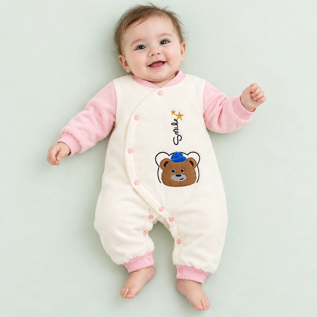 Baby Full-Sleeve Wrap Romper | Cream & Pink | 3–6 Months