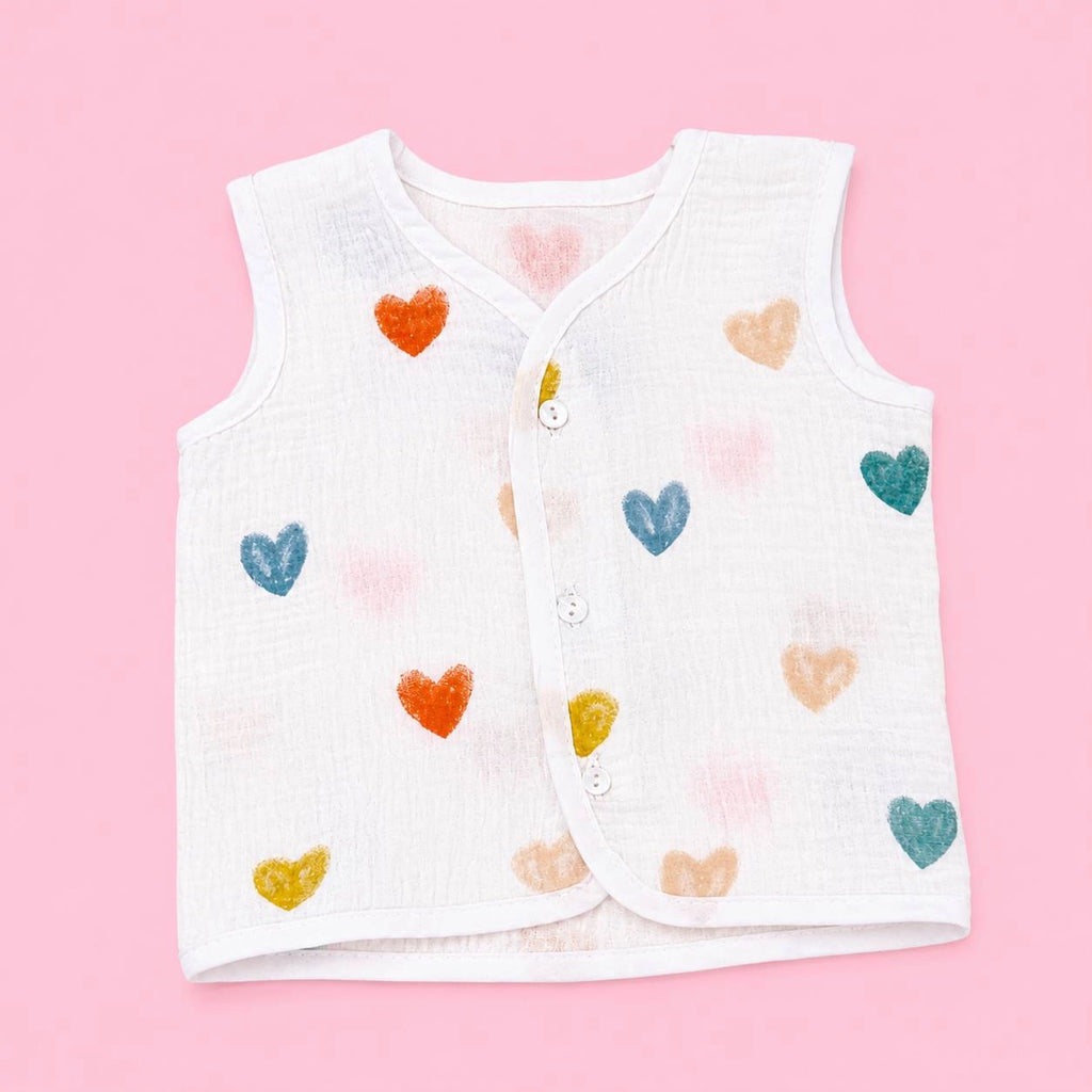 Crinkled Muslin Button Jabala | White Love | Soft Muslin Summer Wear For Babies | 0-3 Months  | Pack Of 1