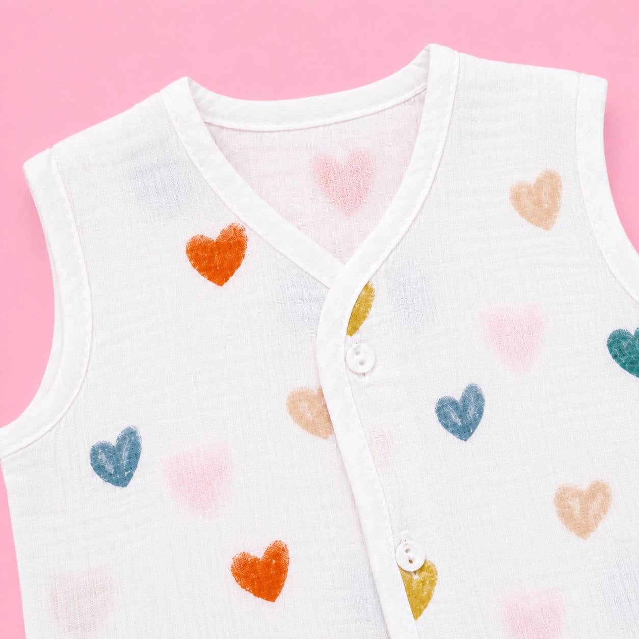Crinkled Muslin Button Jabala | White Love | Soft Muslin Summer Wear For Babies | 0-3 Months  | Pack Of 1