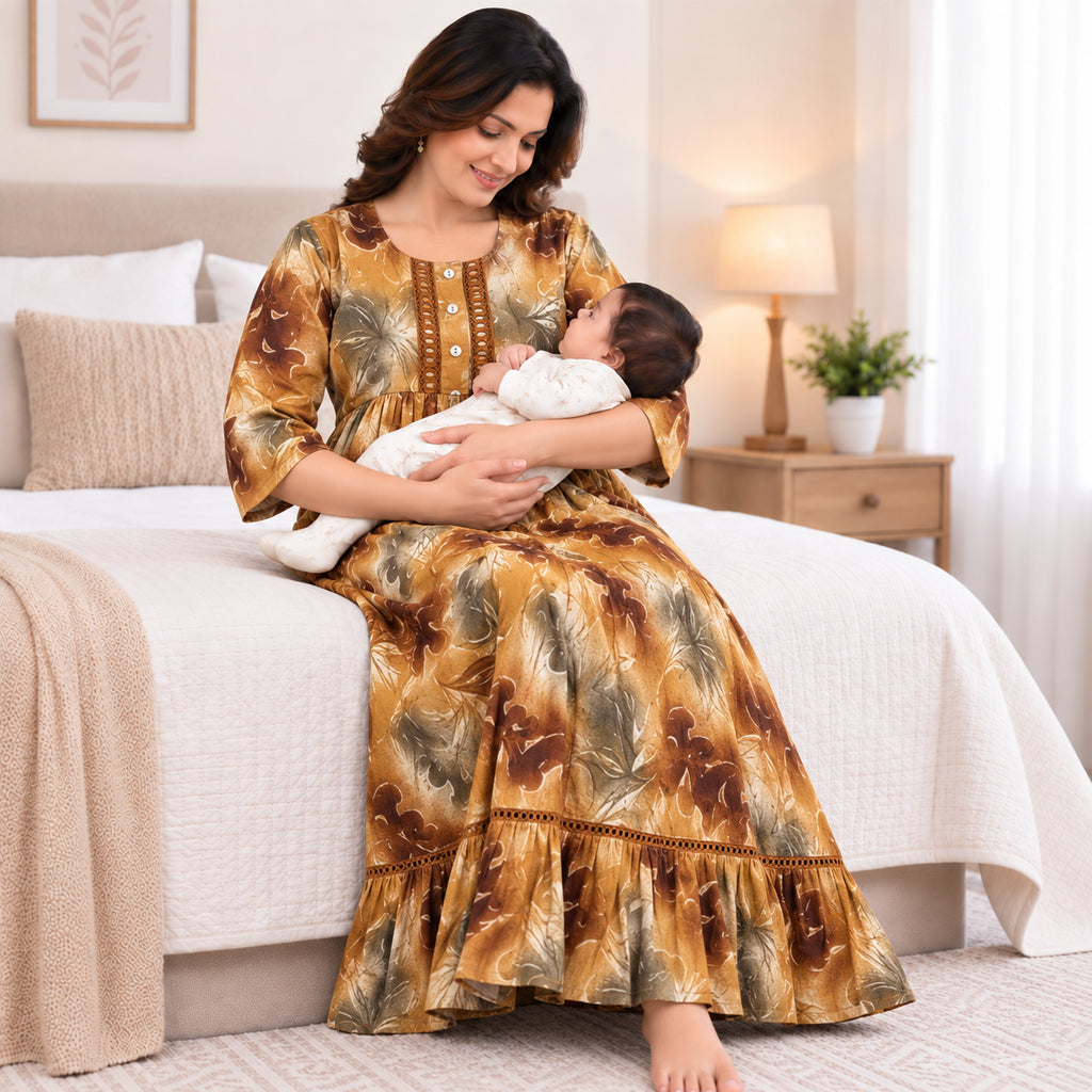 Maternity & Nursing Maxi Dress – Golden Brown Floral Print