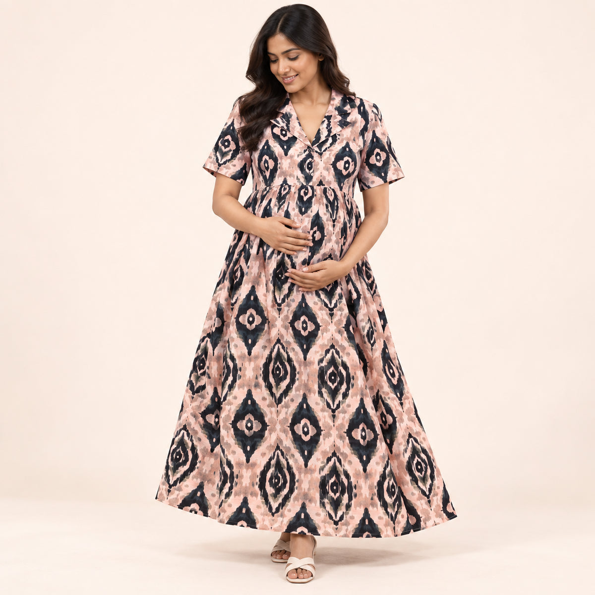Printed Maternity & Nursing Maxi Dress – Blush Pink & Black