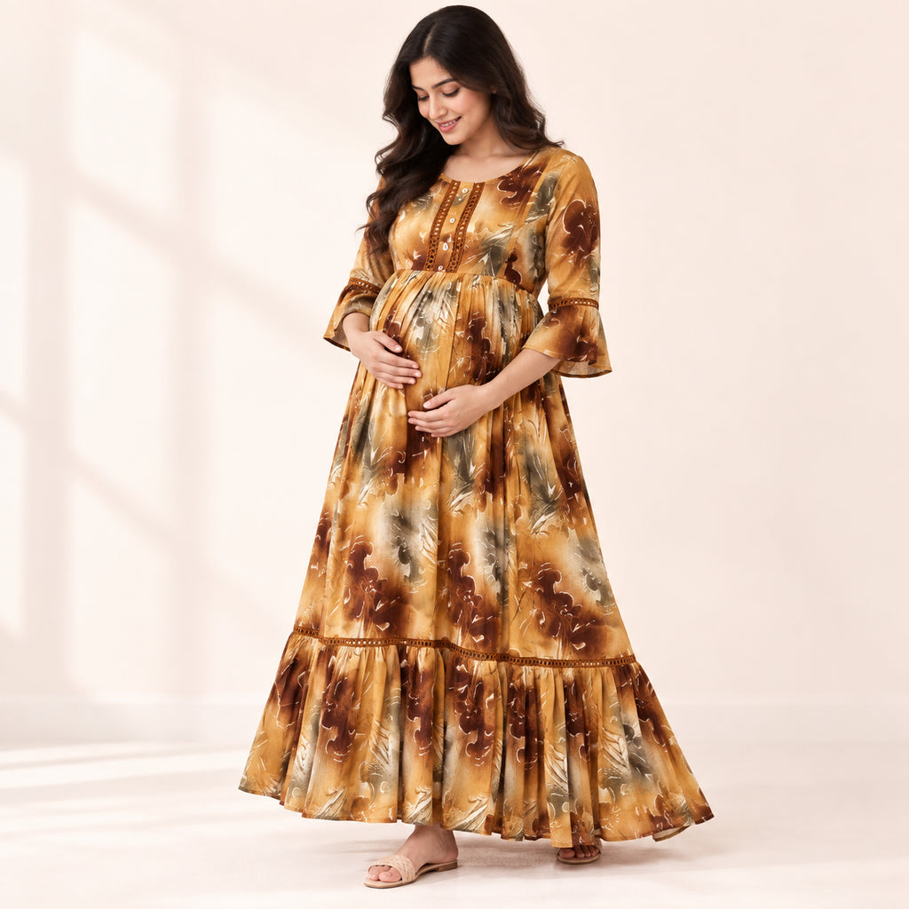 Maternity & Nursing Maxi Dress – Golden Brown Floral Print