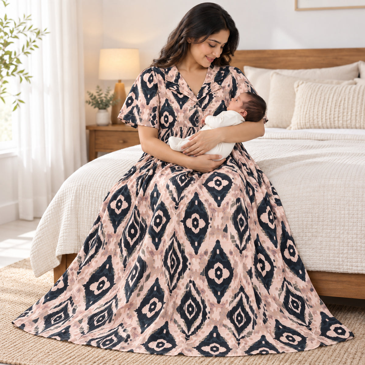 Printed Maternity & Nursing Maxi Dress – Blush Pink & Black
