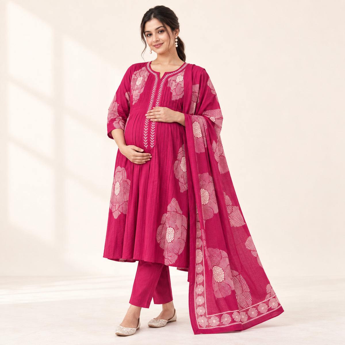 Rani Pink Maternity & Nursing Kurta Set with Pants & Dupatta