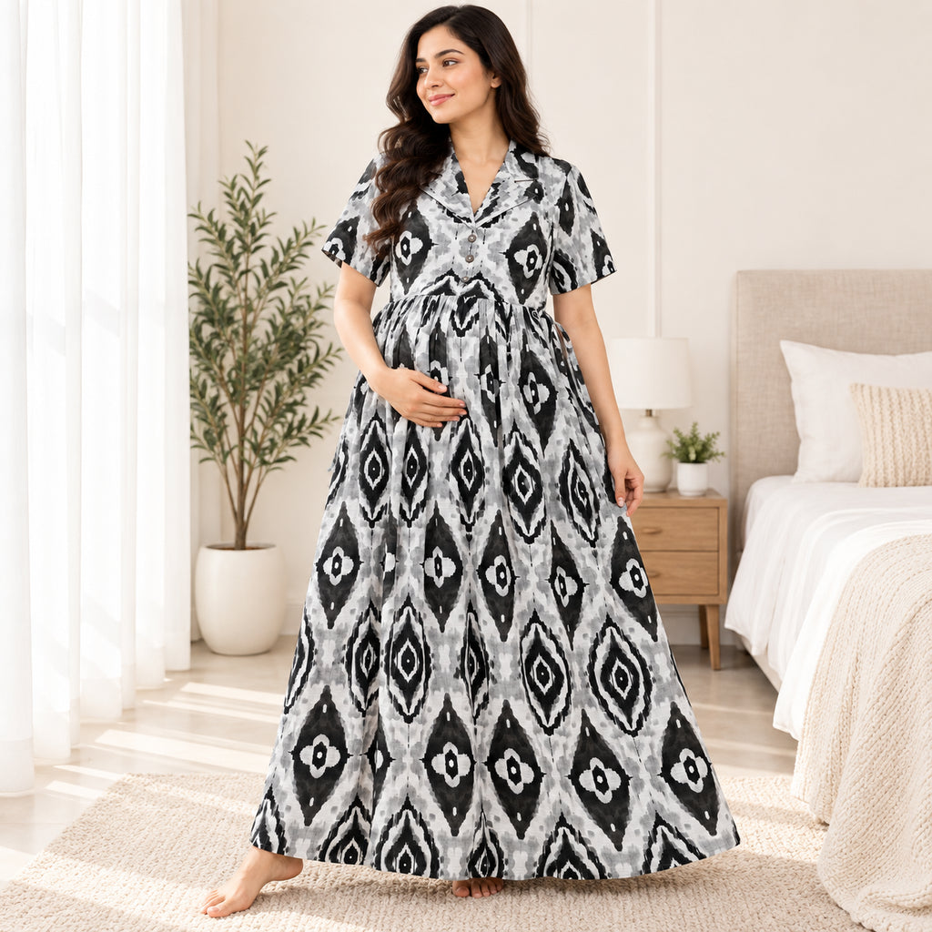 Black & Grey Printed Maternity Nursing Maxi Dress