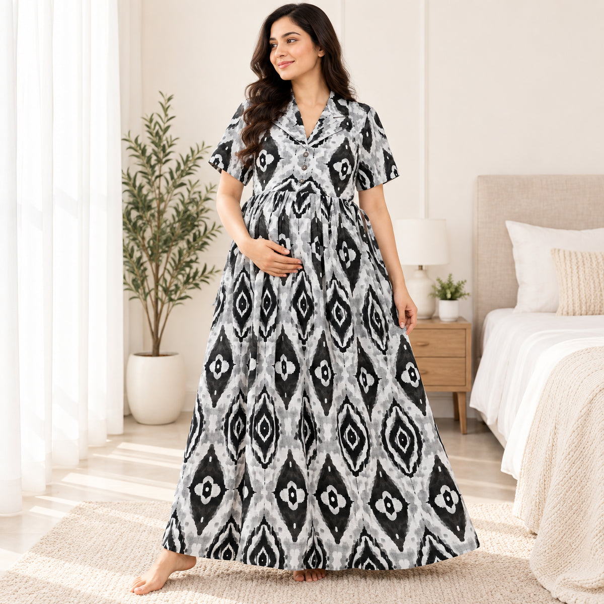 Black & Grey Printed Maternity Nursing Maxi Dress