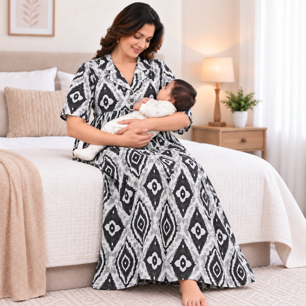 Black & Grey Printed Maternity Nursing Maxi Dress