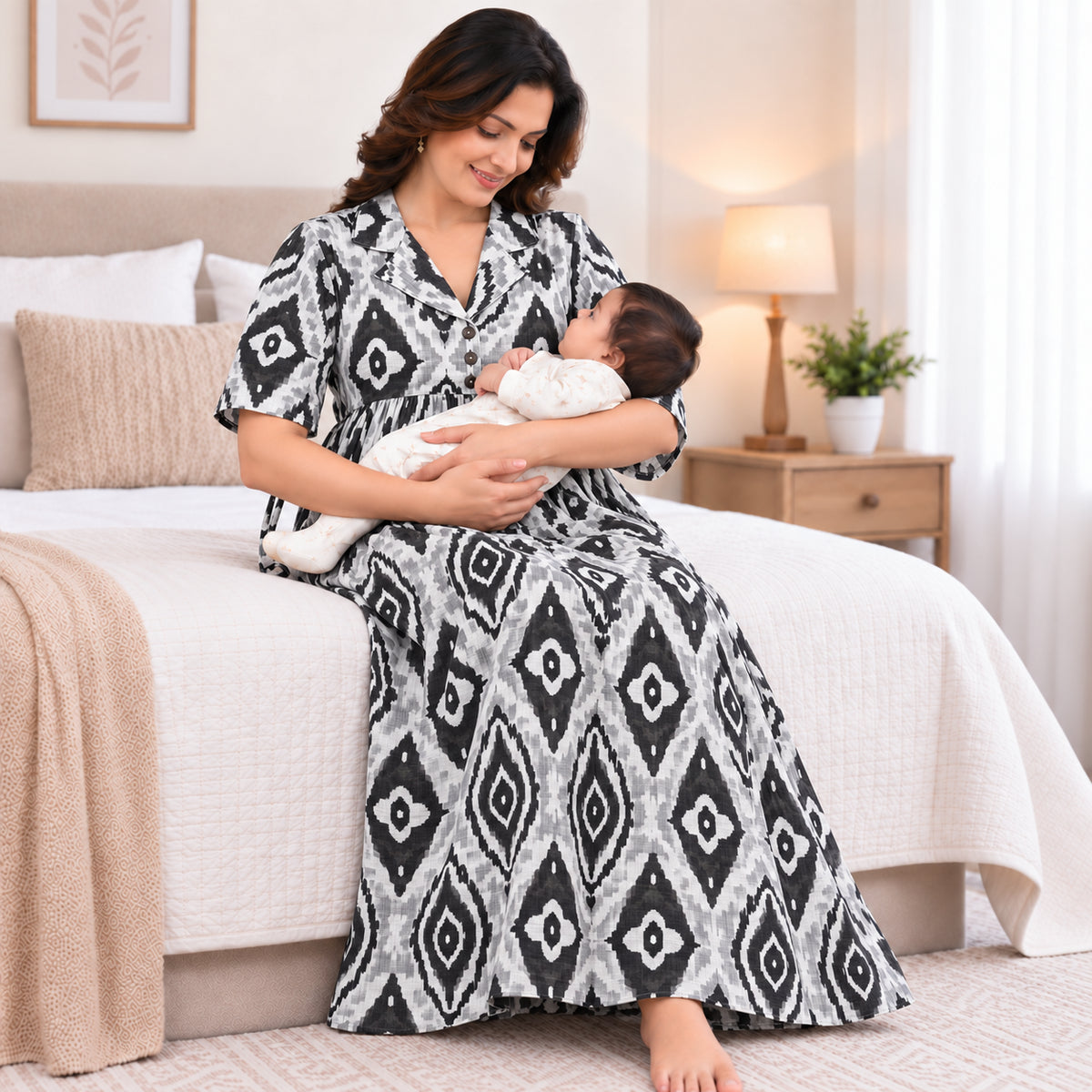 Black & Grey Printed Maternity Nursing Maxi Dress