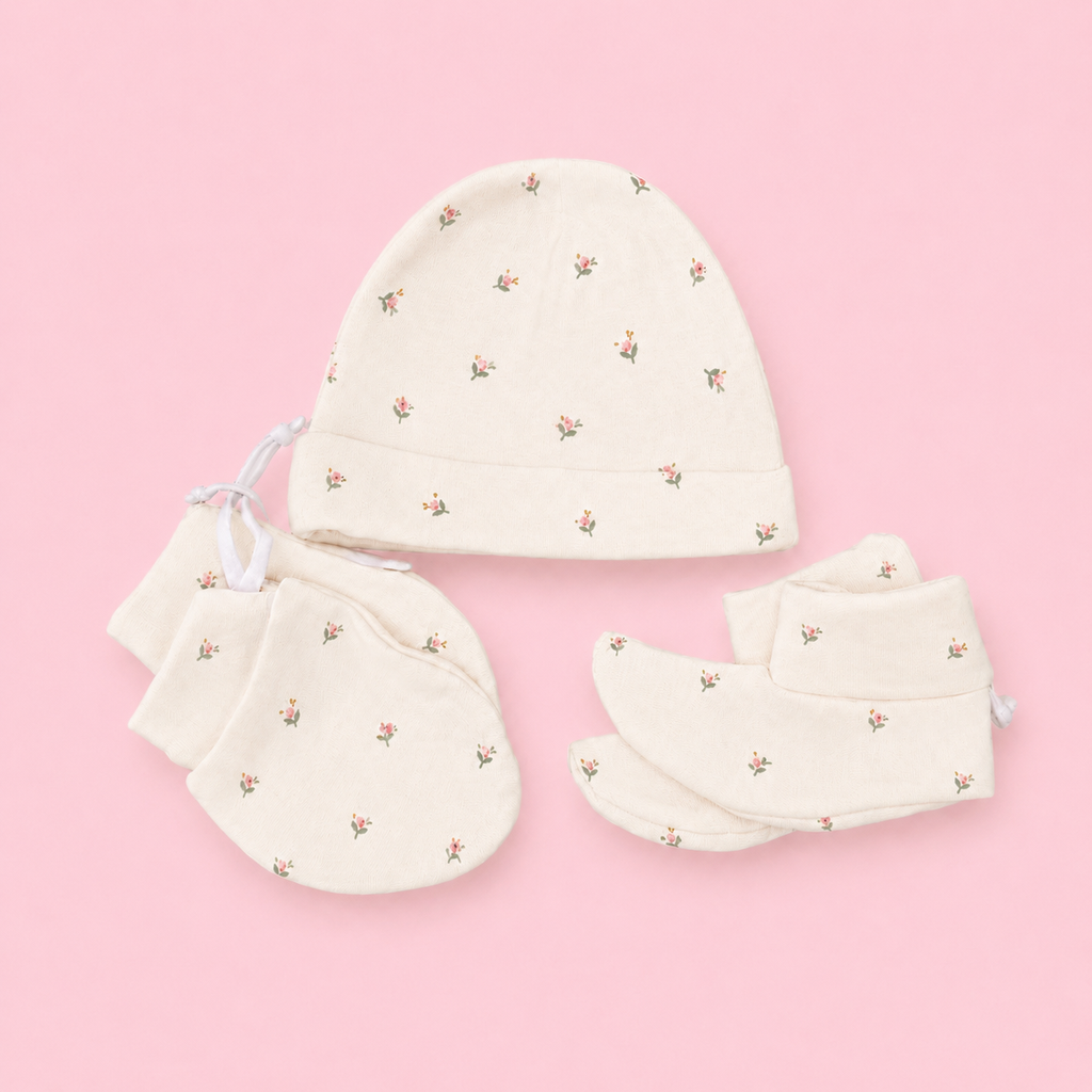Baby Cap, Mittens & Booties Set - White flower