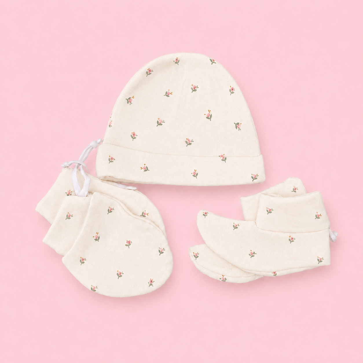 Baby Cap, Mittens & Booties Set - White flower