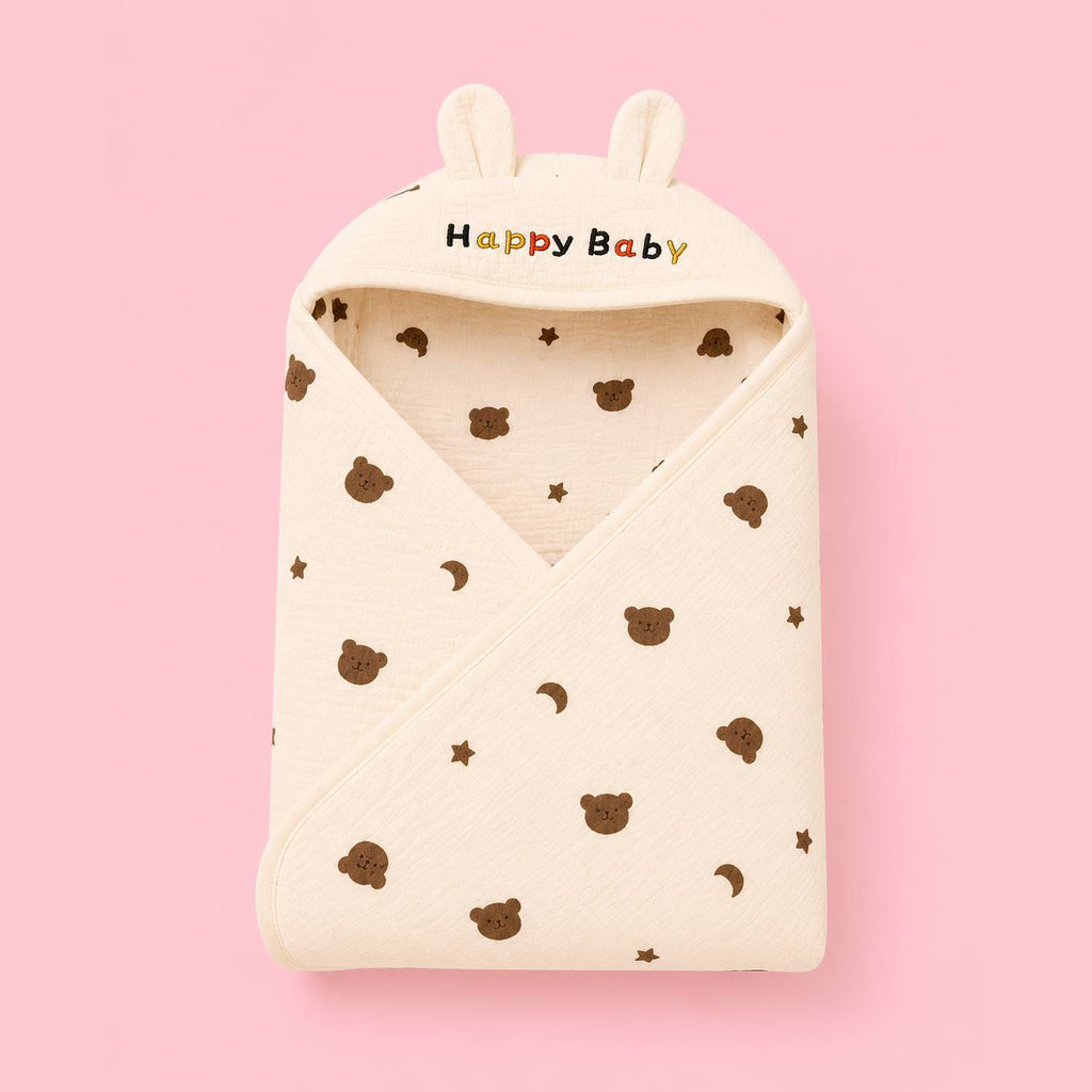 Muslin Hooded Baby Wrapper – Cute Bear and star Print |