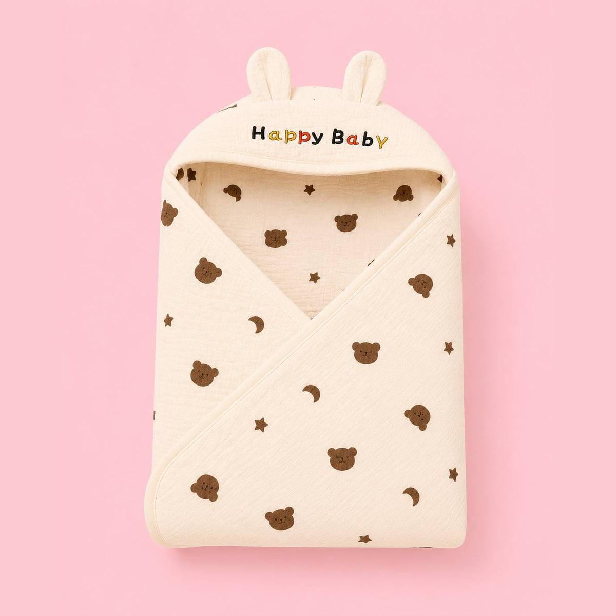 Muslin Hooded Baby Wrapper – Cute Bear and star Print |