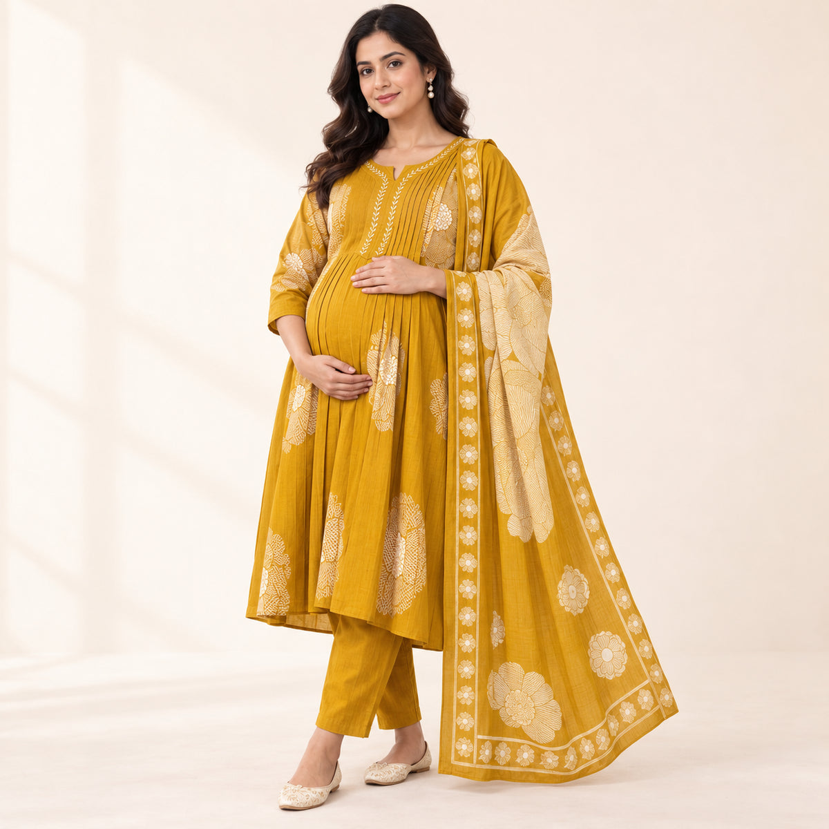Mustard Yellow Maternity & Nursing Kurta Set with Dupatta