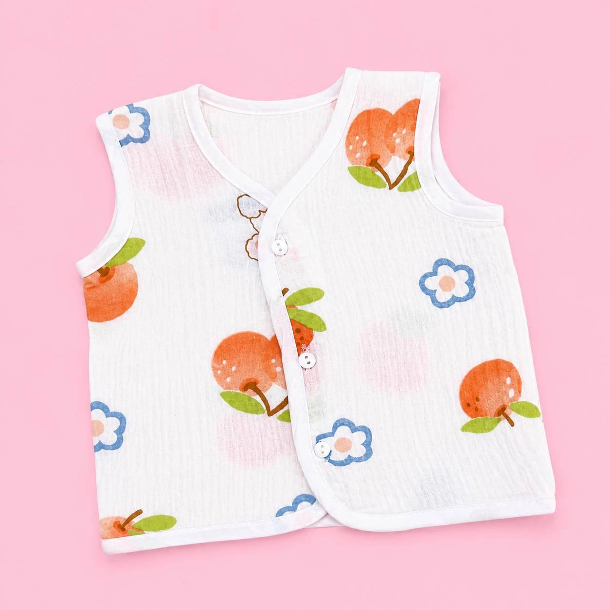 Crinkled Muslin Button Jabala | White Org Chery | Soft Muslin Summer Wear For Babies | 0-3 Months  | Pack Of 1