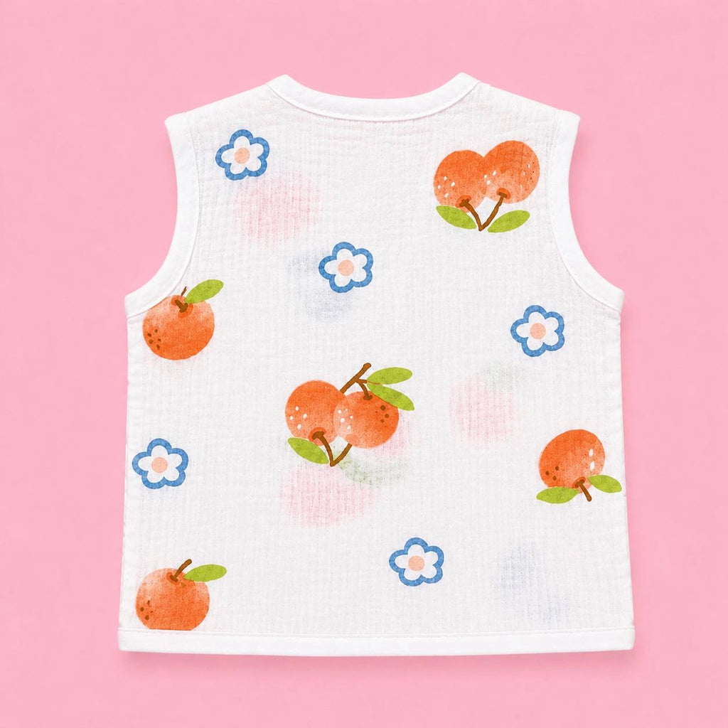 Crinkled Muslin Button Jabala | White Org Chery | Soft Muslin Summer Wear For Babies | 0-3 Months  | Pack Of 1