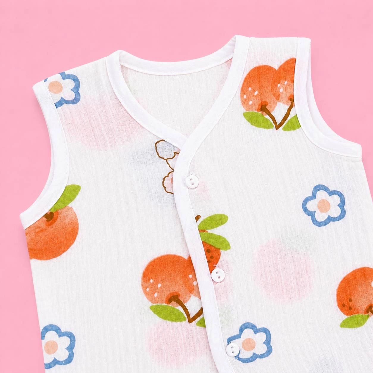 Crinkled Muslin Button Jabala | White Org Chery | Soft Muslin Summer Wear For Babies | 0-3 Months  | Pack Of 1