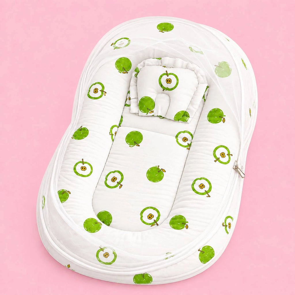 Baby Net Bed | Baby Bedding Set for New Born | Green Apple | Bed Mattress with Mosquito Net & Cotton Pillow | Portable Sleeping Nest Travel Bed