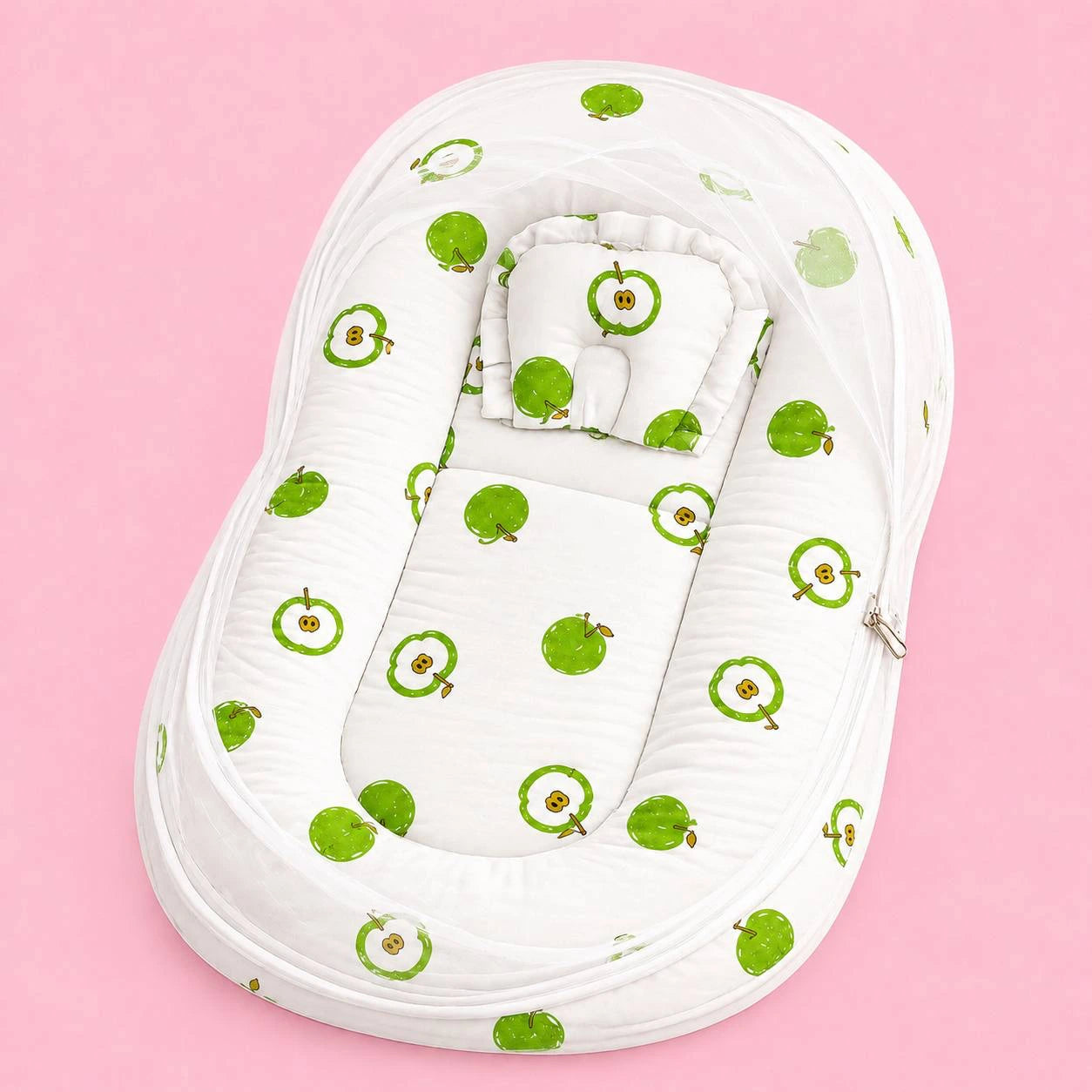 Baby Net Bed | Baby Bedding Set for New Born | Green Apple | Bed Mattress with Mosquito Net & Cotton Pillow | Portable Sleeping Nest Travel Bed