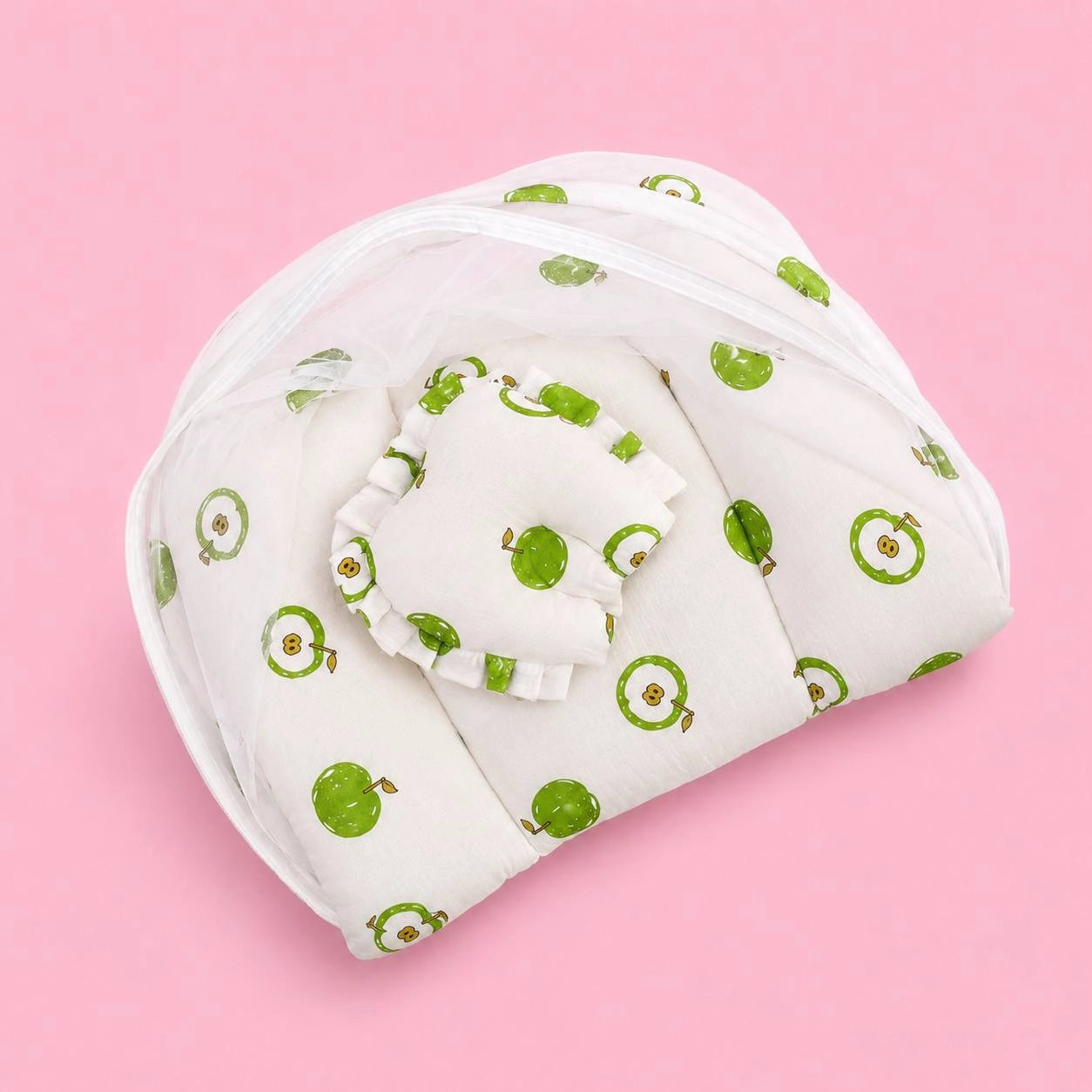 Baby Net Bed | Baby Bedding Set for New Born | Green Apple | Bed Mattress with Mosquito Net & Cotton Pillow | Portable Sleeping Nest Travel Bed