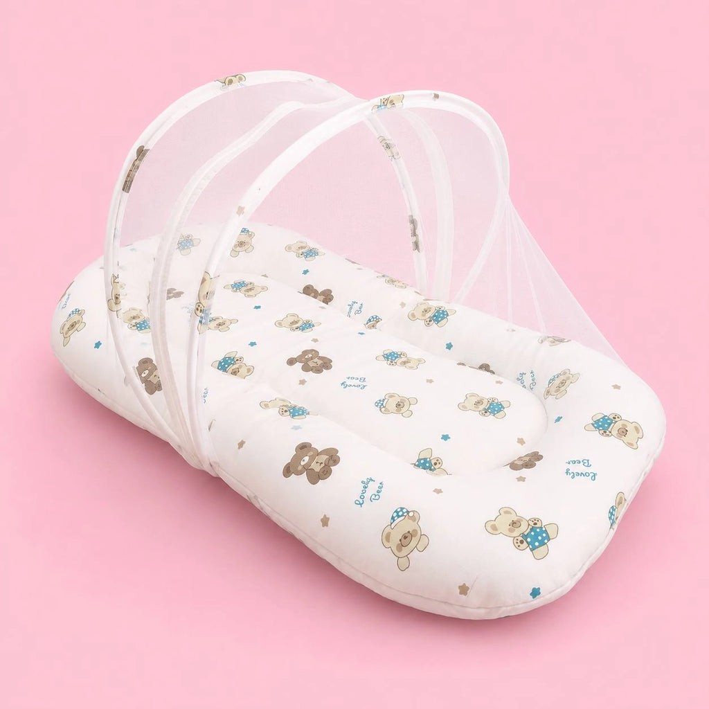 Baby Net Bed | Baby Bedding Set for New Born | Bear | Bed Mattress with Mosquito Net & Cotton Pillow, Portable Sleeping Nest Travel Bed