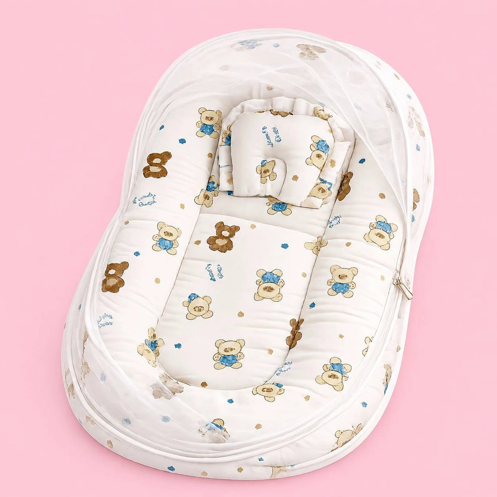 Baby Net Bed | Baby Bedding Set for New Born | Bear | Bed Mattress with Mosquito Net & Cotton Pillow, Portable Sleeping Nest Travel Bed