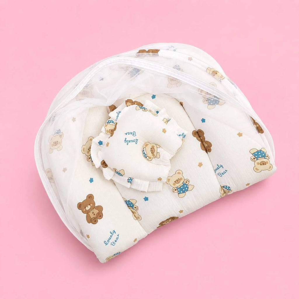 Baby Net Bed | Baby Bedding Set for New Born | Bear | Bed Mattress with Mosquito Net & Cotton Pillow, Portable Sleeping Nest Travel Bed