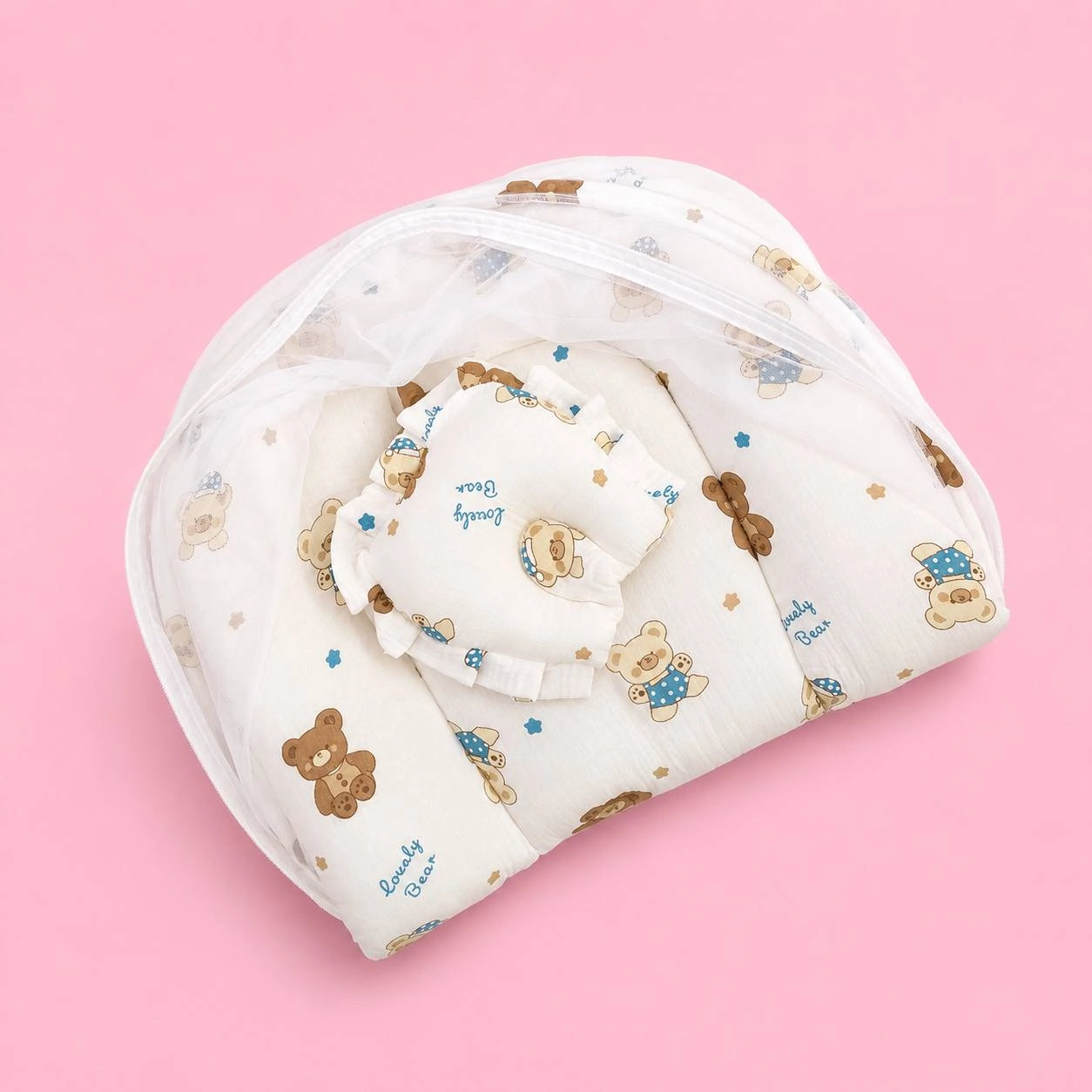 Baby Net Bed | Baby Bedding Set for New Born | Bear | Bed Mattress with Mosquito Net & Cotton Pillow, Portable Sleeping Nest Travel Bed