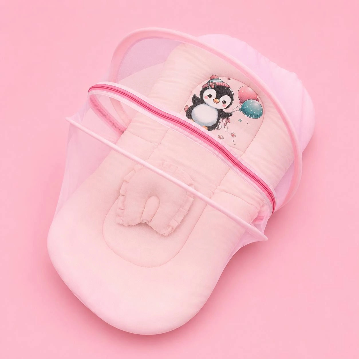 Baby Net Bed | Baby Bedding Set for New Born | Penguin | Bed Mattress with Mosquito Net & Cotton Pillow, Portable Sleeping Nest Travel Bed