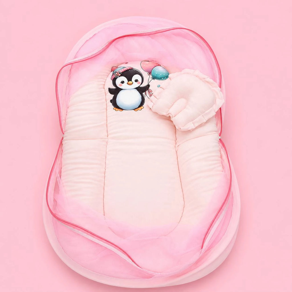 Baby Net Bed | Baby Bedding Set for New Born | Penguin | Bed Mattress with Mosquito Net & Cotton Pillow, Portable Sleeping Nest Travel Bed
