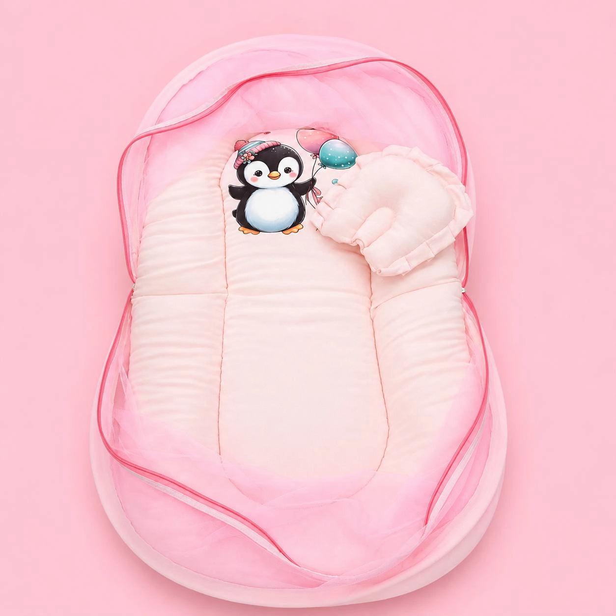 Baby Net Bed | Baby Bedding Set for New Born | Penguin | Bed Mattress with Mosquito Net & Cotton Pillow, Portable Sleeping Nest Travel Bed