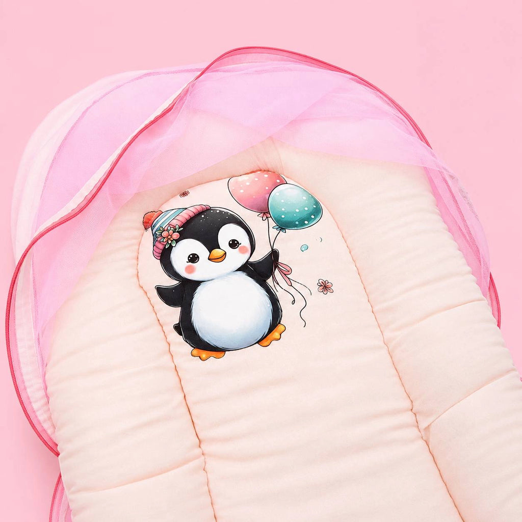 Baby Net Bed | Baby Bedding Set for New Born | Penguin | Bed Mattress with Mosquito Net & Cotton Pillow, Portable Sleeping Nest Travel Bed