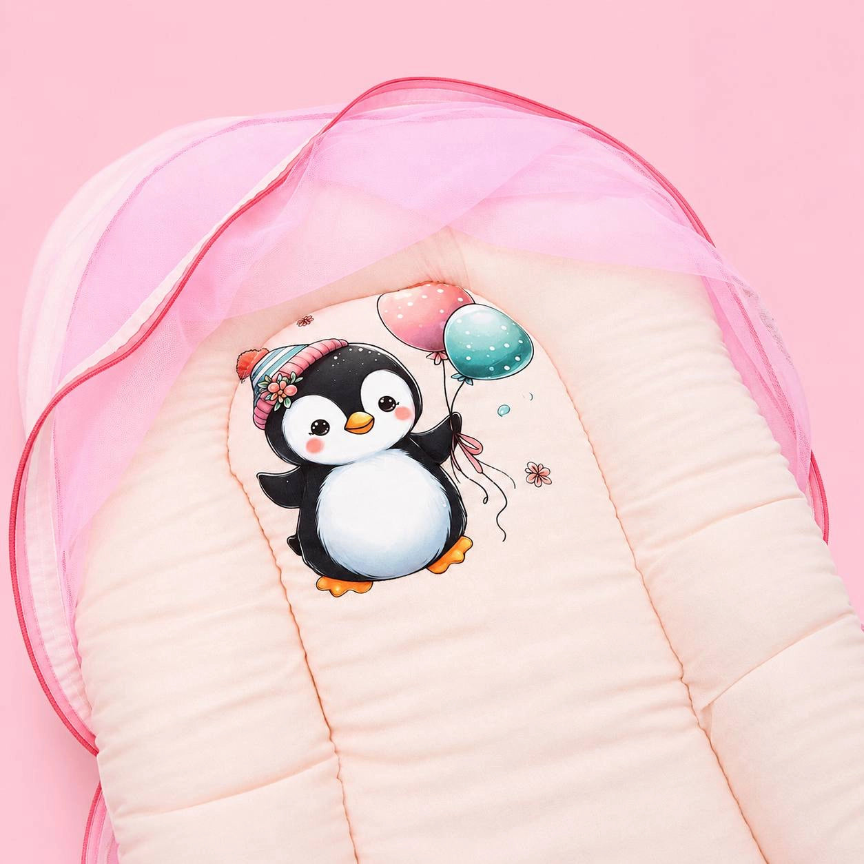 Baby Net Bed | Baby Bedding Set for New Born | Penguin | Bed Mattress with Mosquito Net & Cotton Pillow, Portable Sleeping Nest Travel Bed
