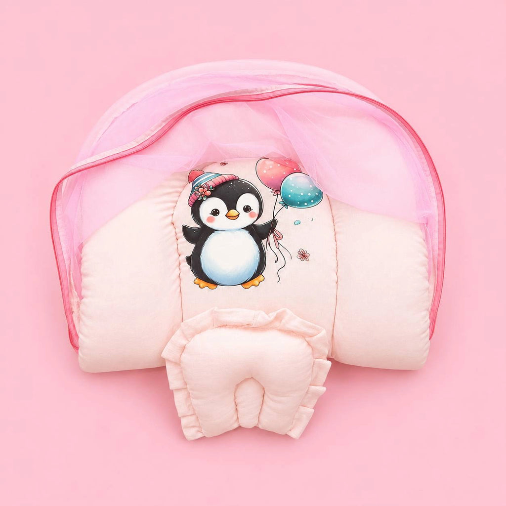 Baby Net Bed | Baby Bedding Set for New Born | Penguin | Bed Mattress with Mosquito Net & Cotton Pillow, Portable Sleeping Nest Travel Bed