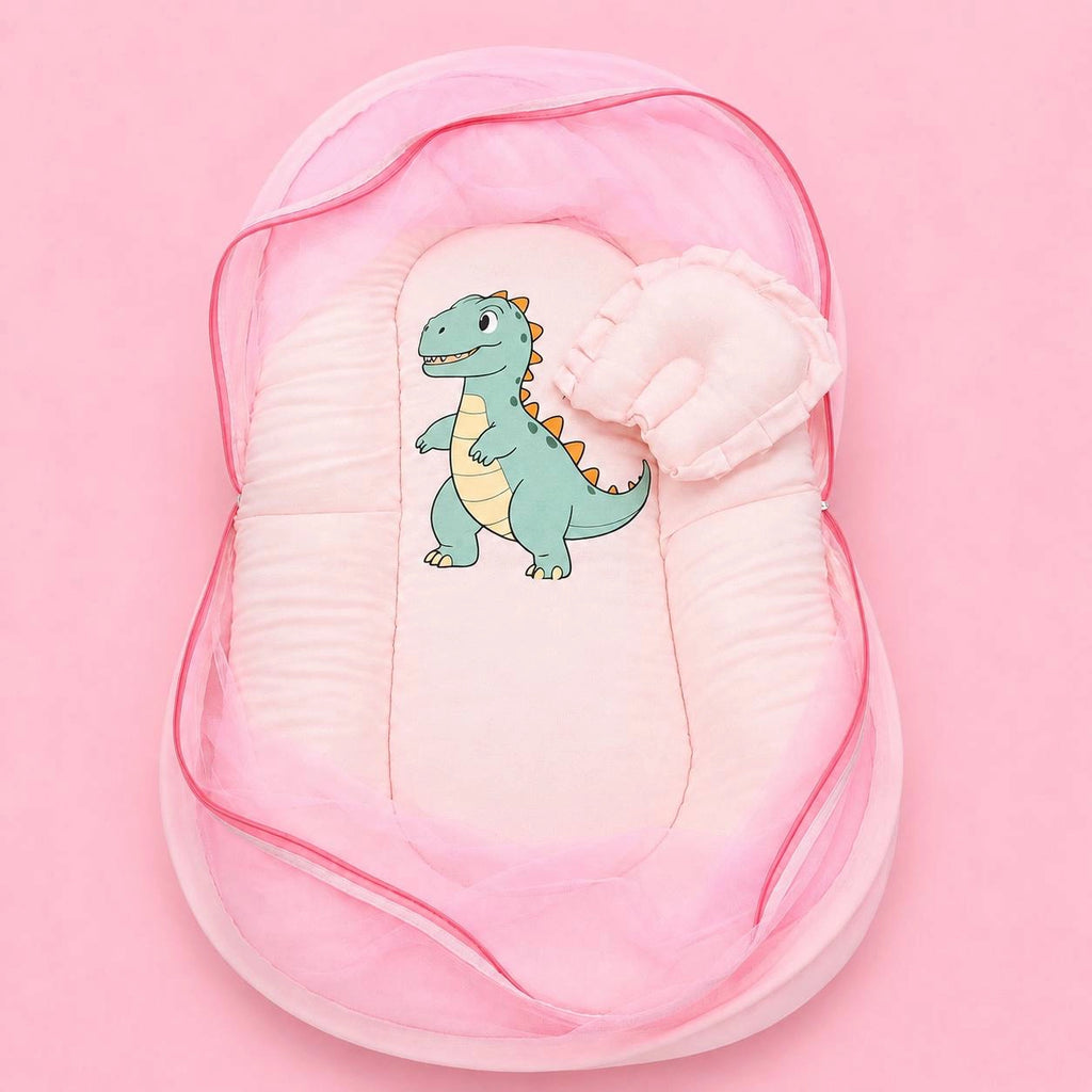 Baby Net Bed | Baby Bedding Set for New Born | Dino | Bed Mattress with Mosquito Net & Cotton Pillow, Portable Sleeping Nest Travel Bed