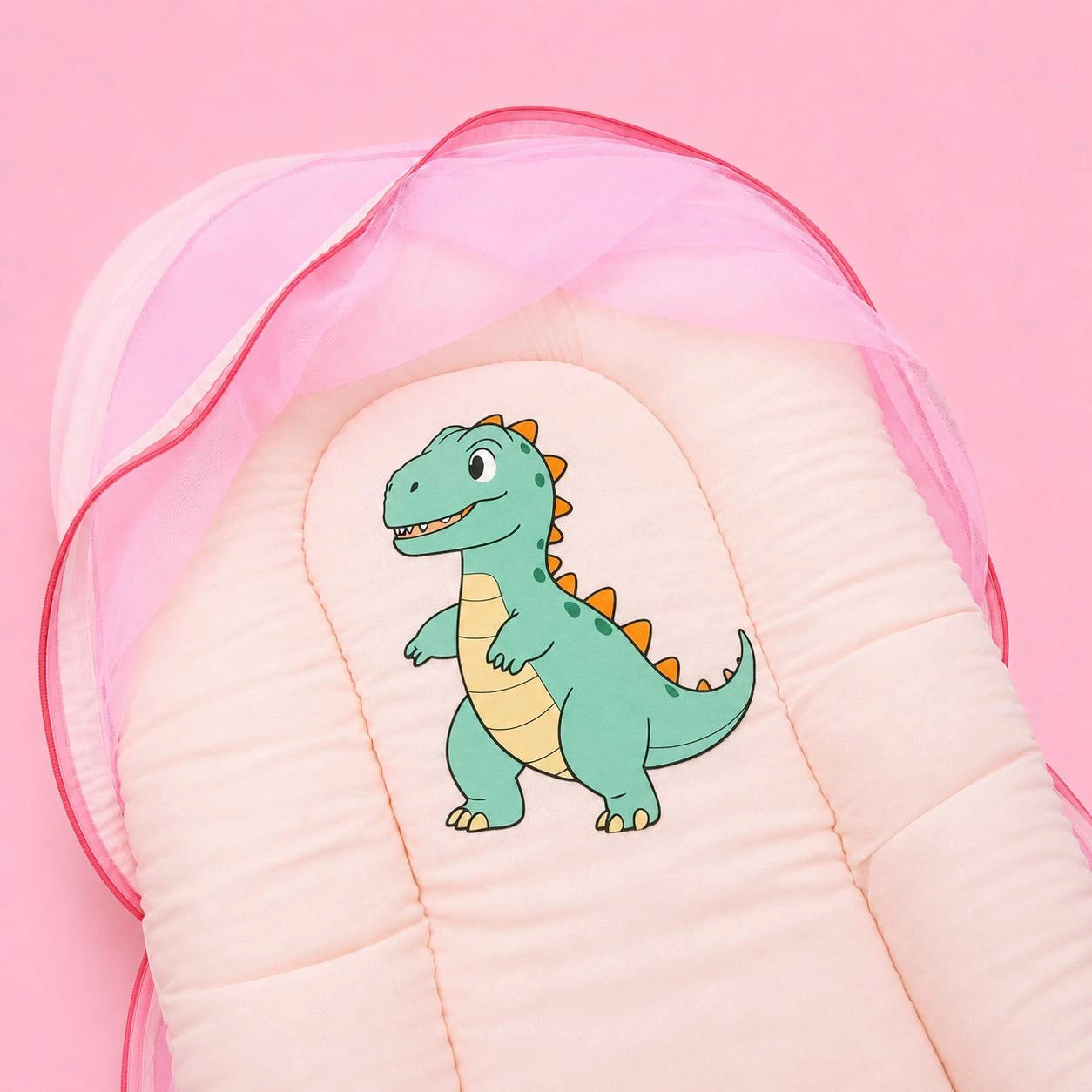 Baby Net Bed | Baby Bedding Set for New Born | Dino | Bed Mattress with Mosquito Net & Cotton Pillow, Portable Sleeping Nest Travel Bed