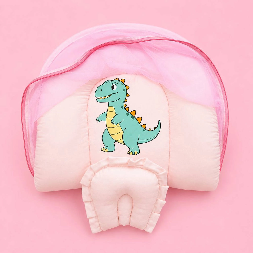 Baby Net Bed | Baby Bedding Set for New Born | Dino | Bed Mattress with Mosquito Net & Cotton Pillow, Portable Sleeping Nest Travel Bed
