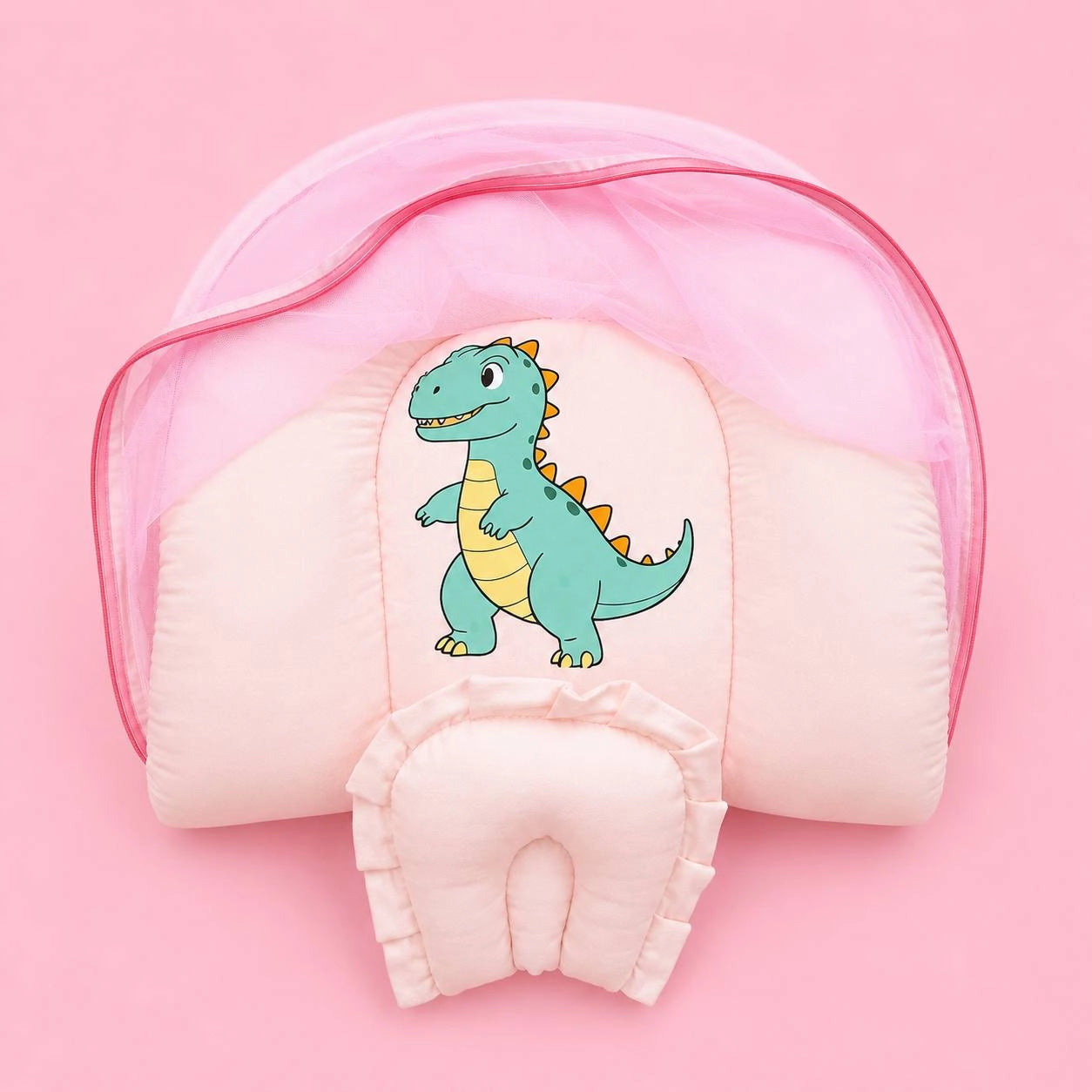 Baby Net Bed | Baby Bedding Set for New Born | Dino | Bed Mattress with Mosquito Net & Cotton Pillow, Portable Sleeping Nest Travel Bed
