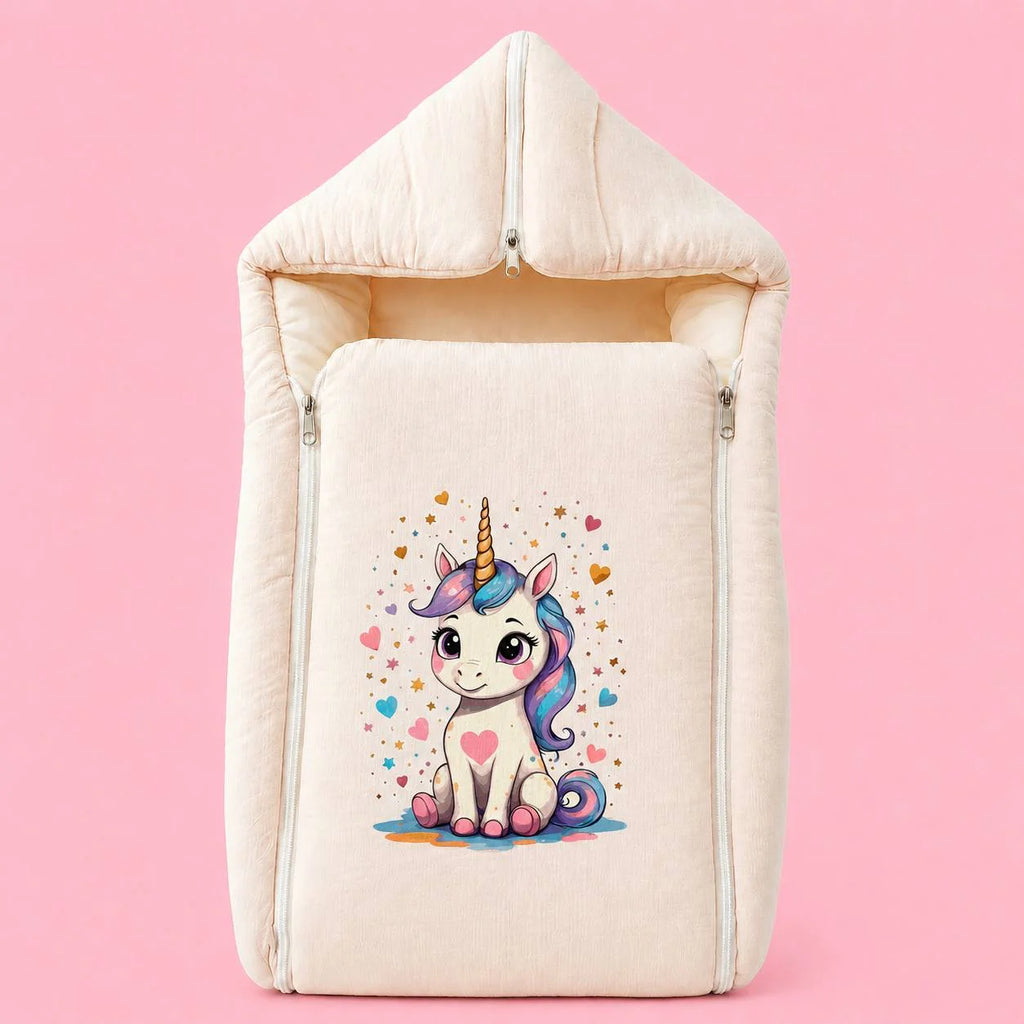 Baby Sleeping Bag And Carry Nest | Crinkled Muslin | Peach | Unicorn |  Bedding Set New Born Baby | Portable And Travel Friendly | 0-3 Months