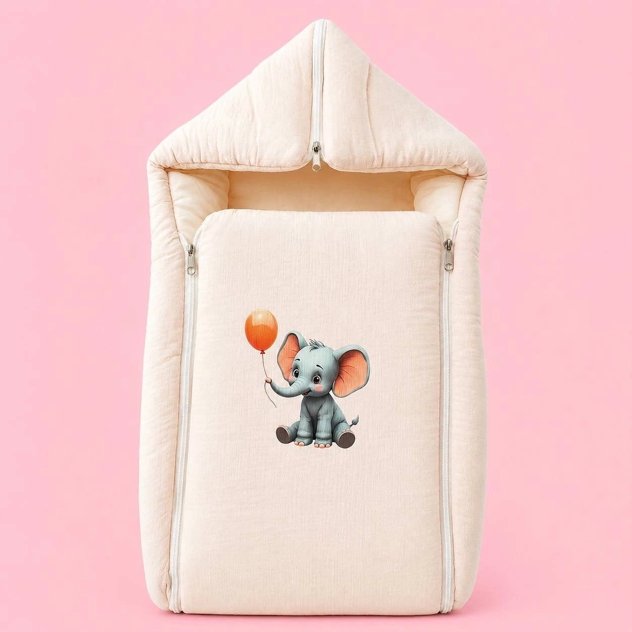 Baby Sleeping Bag And Carry Nest | Crinkled Muslin | Peach | Elephant |  Bedding Set New Born Baby | Portable And Travel Friendly | 0-3 Months
