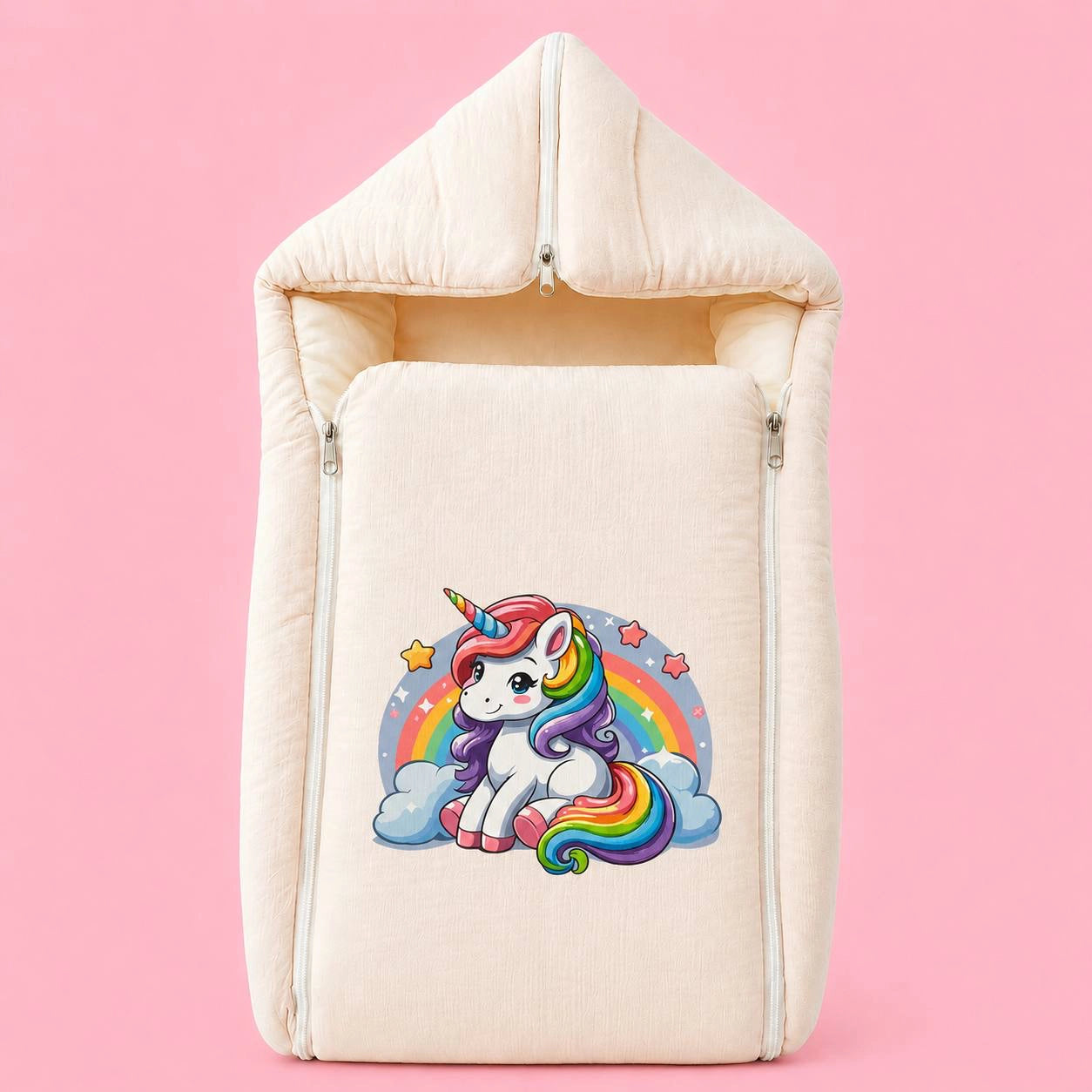 Baby Sleeping Bag & Carry Nest | Crinkled Muslin | Peach | Rainbow unicorn  | Newborn Bedding Set | Portable & Travel Friendly | 0–3 Months