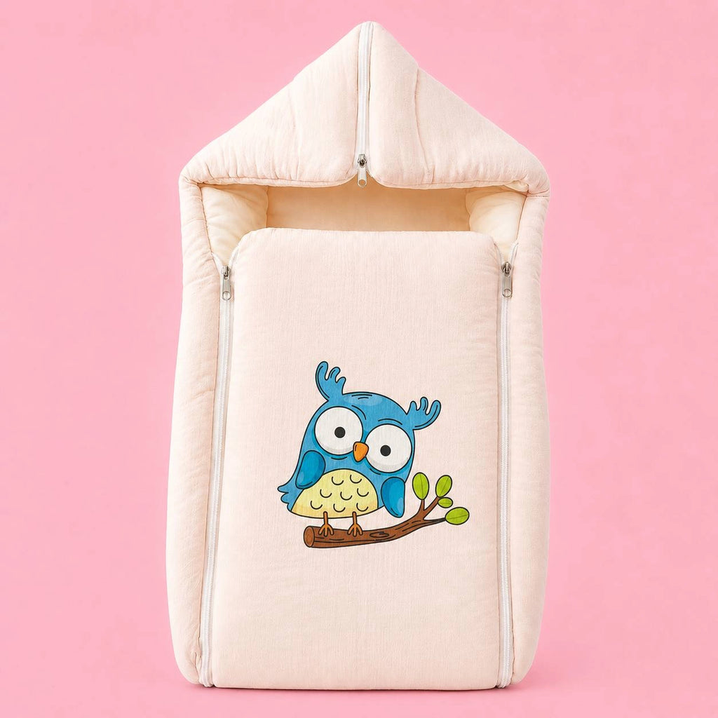 Baby Sleeping Bag & Carry Nest | Crinkled Muslin | Peach | Owl | Newborn Bedding Set | Portable & Travel Friendly | 0–3 Months