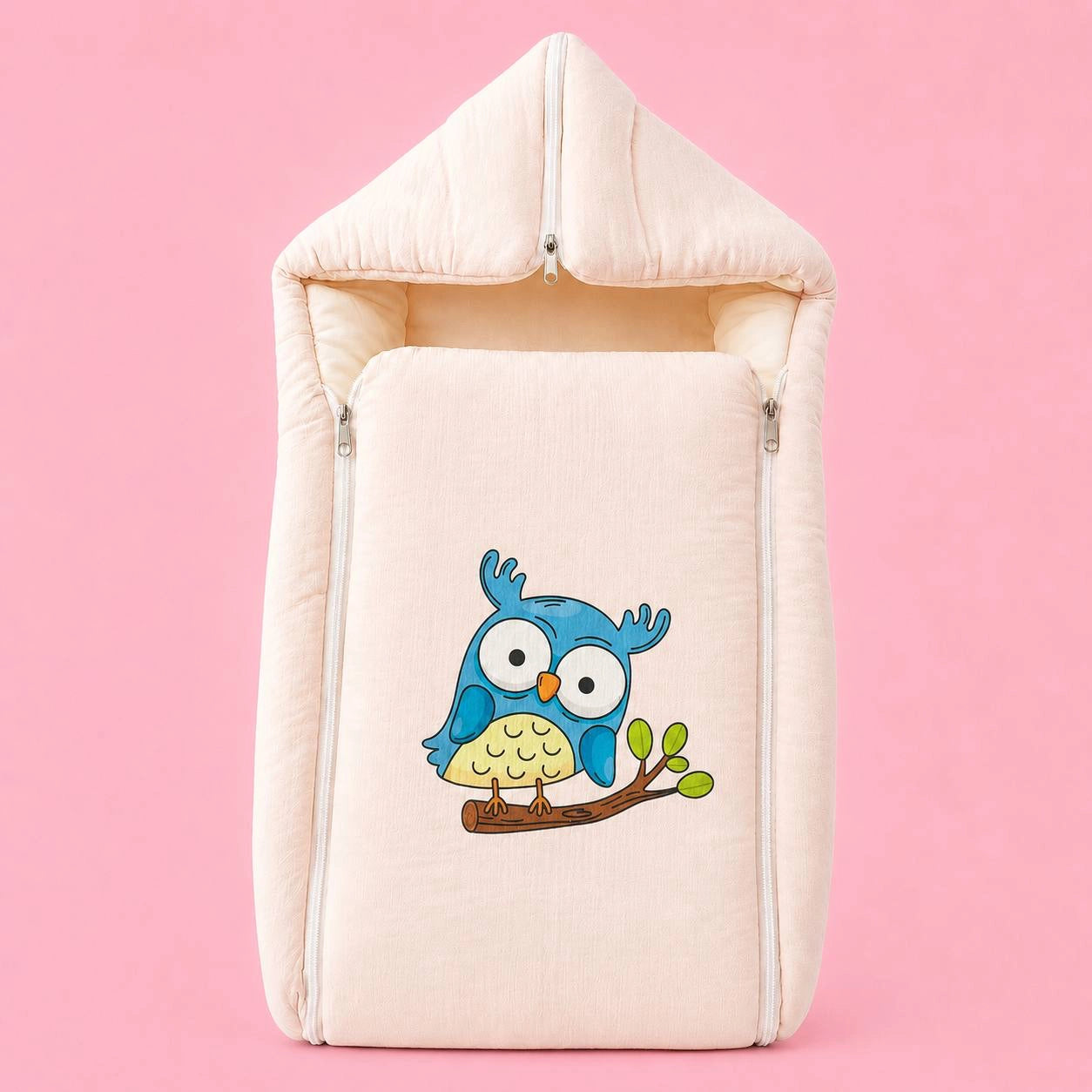 Baby Sleeping Bag & Carry Nest | Crinkled Muslin | Peach | Owl | Newborn Bedding Set | Portable & Travel Friendly | 0–3 Months